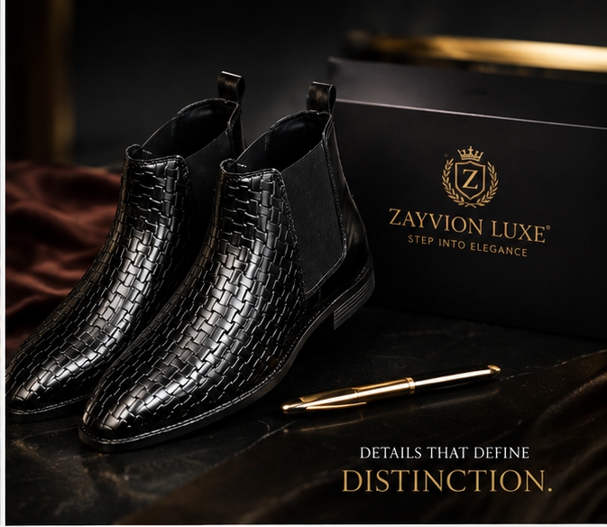 Zayvion Luxe black woven-texture men's formal shoes beside a Zayvion Luxe gift box